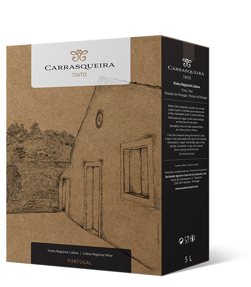 5-liter box of Carrasqueira Tinto red wine from Lisboa, Portugal, featuring a rustic house sketch on a brown background.