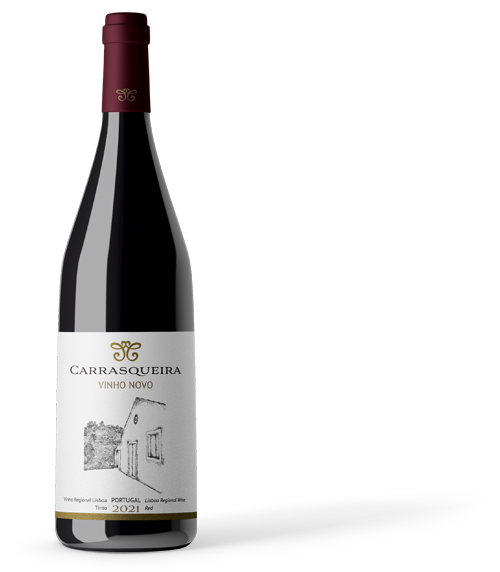 Bottle of Carrasqueira Vinho Novo 2021 red wine from Lisbon, Portugal, with a white label featuring a sketch of a building.
