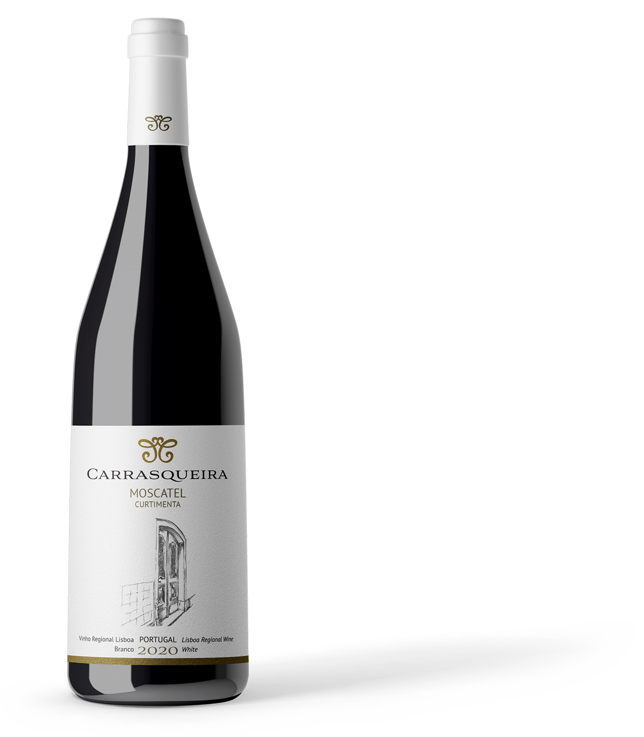 Bottle of Carrasqueira Moscatel Curtimenta 2020 white wine from Lisboa, Portugal with a white label and gold accents.