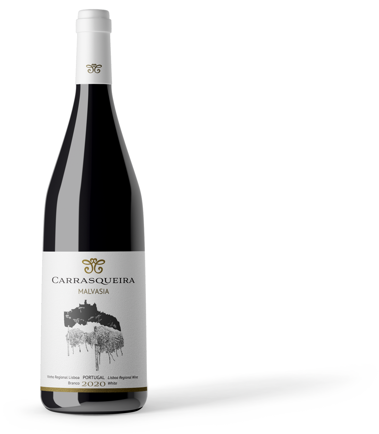 Bottle of Carrasqueira Malvasia 2020 white wine from Lisboa, Portugal, with a white label featuring vineyard and castle illustration.